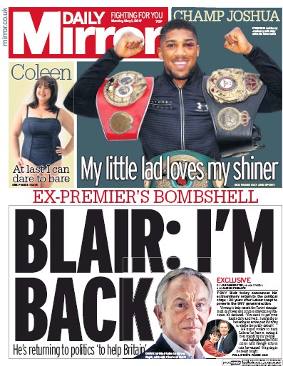 Daily Mirror Newspaper Front Page (UK) for 1 May 2017