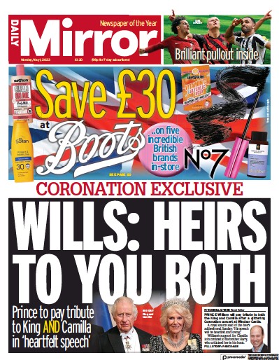 Daily Mirror Newspaper Front Page (UK) for 1 May 2023