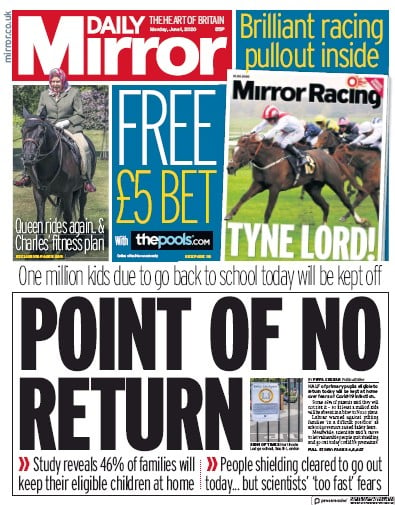 Daily Mirror Newspaper Front Page (UK) for 1 June 2020