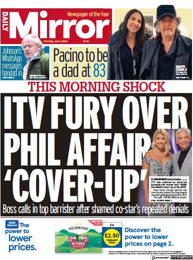 Daily Mirror Newspaper Front Page (UK) for 1 June 2023