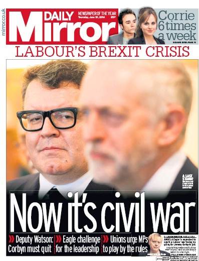 Daily Mirror Newspaper Front Page (UK) for 1 July 2016