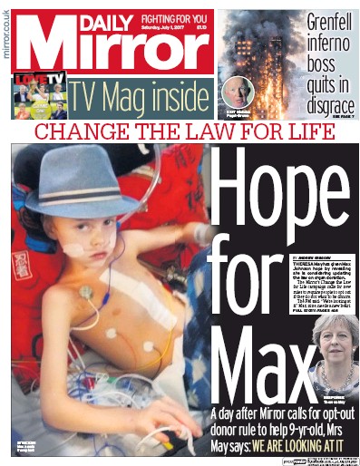 Daily Mirror Newspaper Front Page (UK) for 1 July 2017