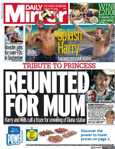 Daily Mirror Newspaper Front Page (UK) for 1 July 2021