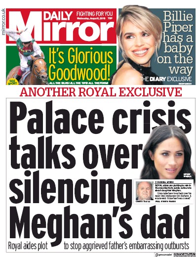 Daily Mirror Newspaper Front Page (UK) for 1 August 2018
