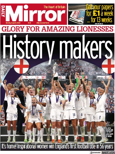 Daily Mirror Newspaper Front Page (UK) for 1 August 2022