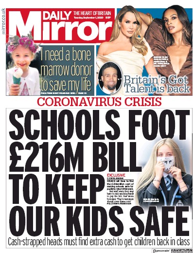 Daily Mirror Newspaper Front Page (UK) for 1 September 2020