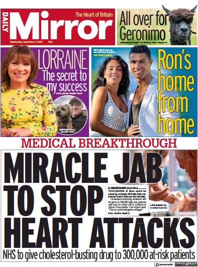 Daily Mirror Newspaper Front Page (UK) for 1 September 2021