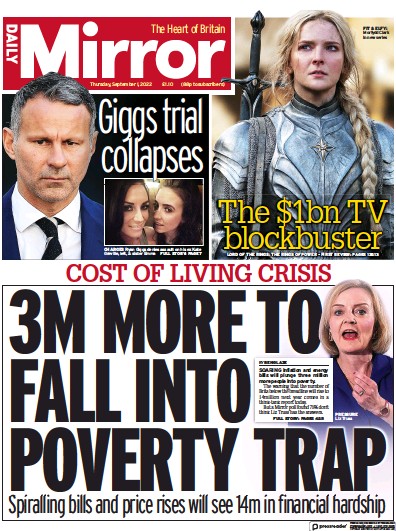 Daily Mirror Newspaper Front Page (UK) for 1 September 2022