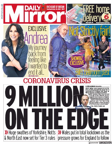 Daily Mirror Newspaper Front Page (UK) for 20 October 2020
