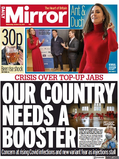 Daily Mirror Newspaper Front Page (UK) for 20 October 2021