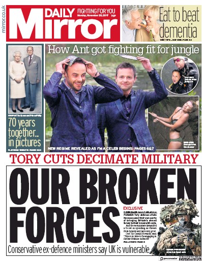 Daily Mirror Newspaper Front Page (UK) for 20 November 2017