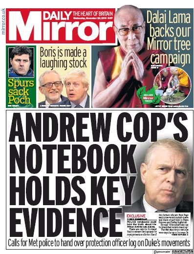 Daily Mirror Newspaper Front Page (UK) for 20 November 2019