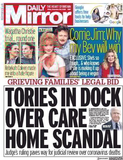 Daily Mirror Newspaper Front Page (UK) for 20 November 2020