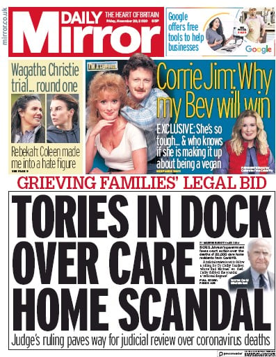 Daily Mirror Newspaper Front Page (UK) for 20 November 2020