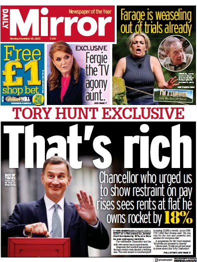Daily Mirror Newspaper Front Page (UK) for 20 November 2023