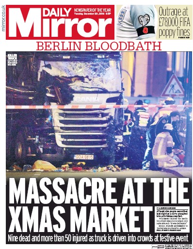 Daily Mirror Newspaper Front Page (UK) for 20 December 2016