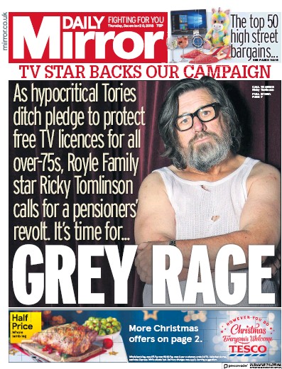 Daily Mirror Newspaper Front Page (UK) for 20 December 2018