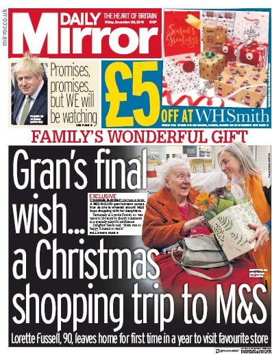 Daily Mirror Newspaper Front Page (UK) for 20 December 2019