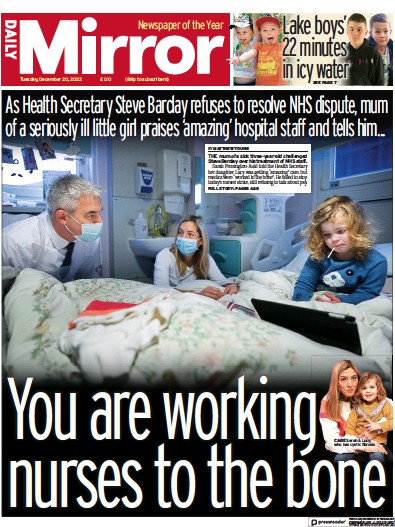 Daily Mirror Newspaper Front Page (UK) for 20 December 2022
