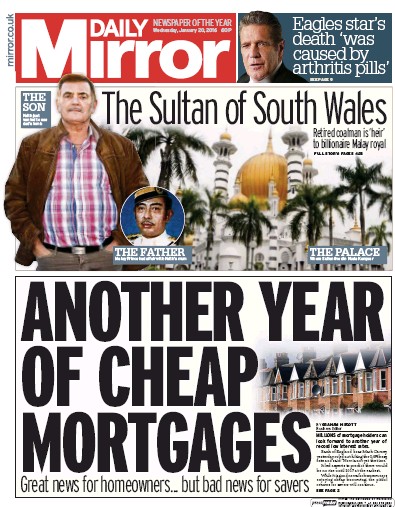 Daily Mirror Newspaper Front Page (UK) for 20 January 2016