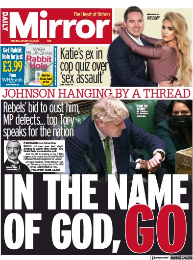 Daily Mirror Newspaper Front Page (UK) for 20 January 2022