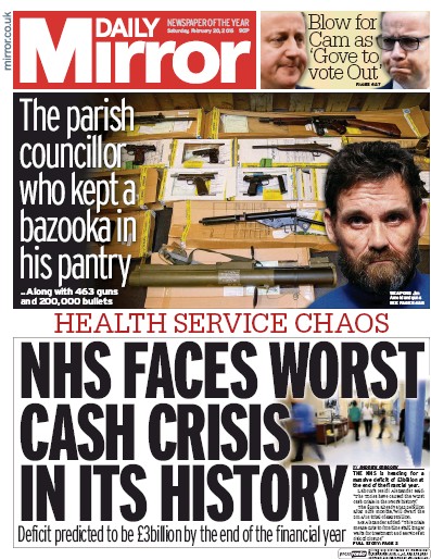 Daily Mirror Newspaper Front Page (UK) for 20 February 2016