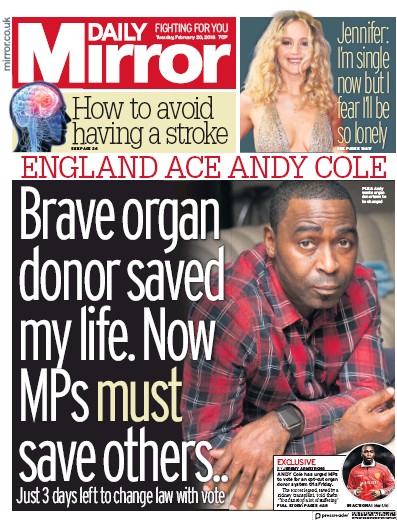 Daily Mirror Newspaper Front Page (UK) for 20 February 2018