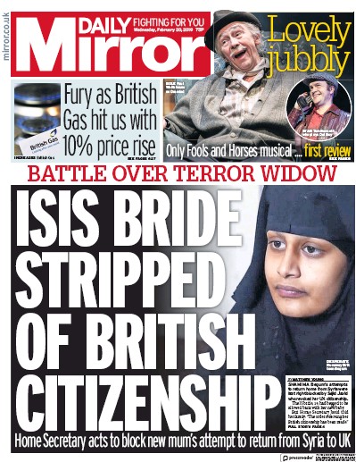Daily Mirror Newspaper Front Page (UK) for 20 February 2019