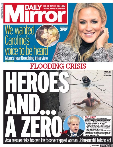 Daily Mirror Newspaper Front Page (UK) for 20 February 2020