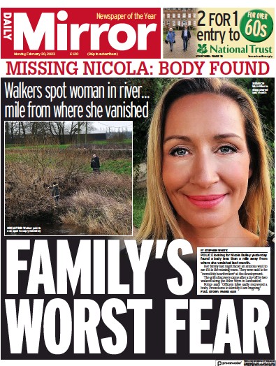 Daily Mirror Newspaper Front Page (UK) for 20 February 2023