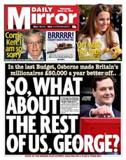 Daily Mirror (UK) Newspaper Front Page for 20 March 2013