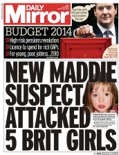 Daily Mirror Newspaper Front Page (UK) for 20 March 2014