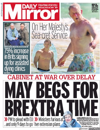 Daily Mirror Newspaper Front Page (UK) for 20 March 2019