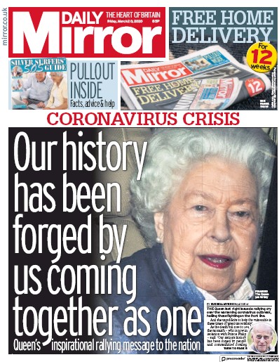 Daily Mirror Newspaper Front Page (UK) for 20 March 2020