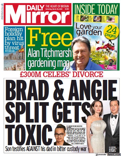 Daily Mirror Newspaper Front Page (UK) for 20 March 2021