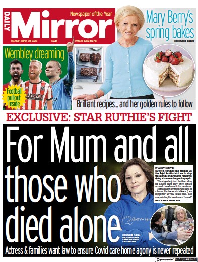 Daily Mirror Newspaper Front Page (UK) for 20 March 2023