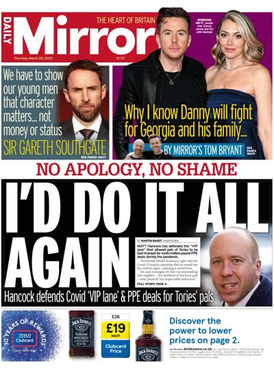 Daily Mirror Newspaper Front Page (UK) for 20 March 2025