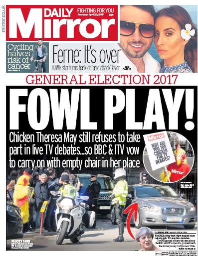 Daily Mirror Newspaper Front Page (UK) for 20 April 2017