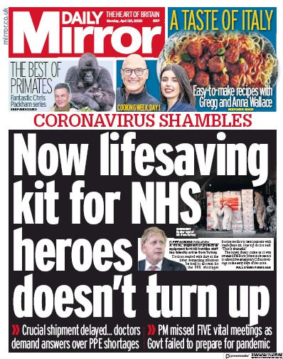 Daily Mirror Newspaper Front Page (UK) for 20 April 2020