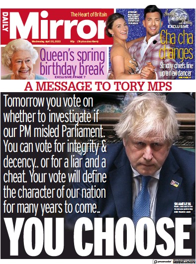 Daily Mirror Newspaper Front Page (UK) for 20 April 2022