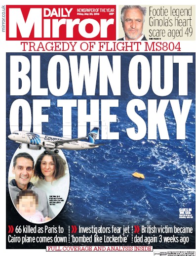 Daily Mirror Newspaper Front Page (UK) for 20 May 2016