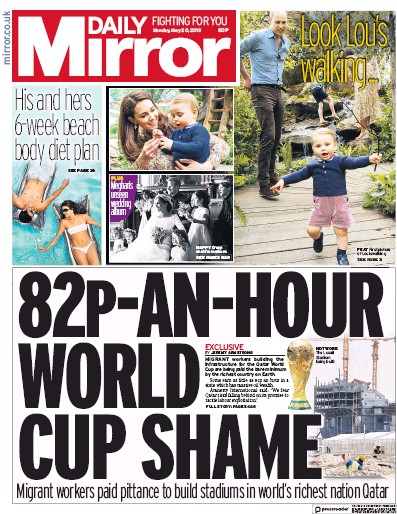 Daily Mirror Newspaper Front Page (UK) for 20 May 2019