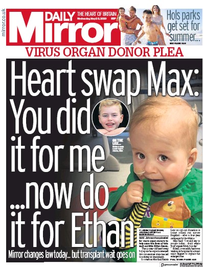 Daily Mirror Newspaper Front Page (UK) for 20 May 2020