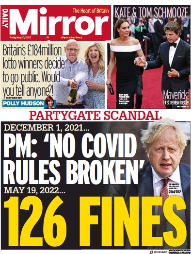 Daily Mirror Newspaper Front Page (UK) for 20 May 2022