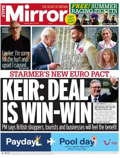 Daily Mirror Newspaper Front Page (UK) for 20 May 2025