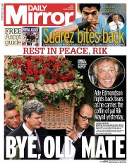 Daily Mirror Newspaper Front Page (UK) for 20 June 2014