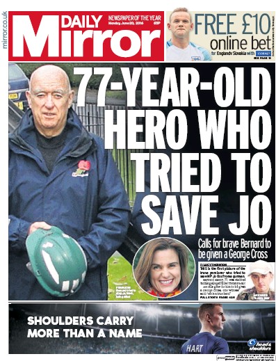 Daily Mirror Newspaper Front Page (UK) for 20 June 2016