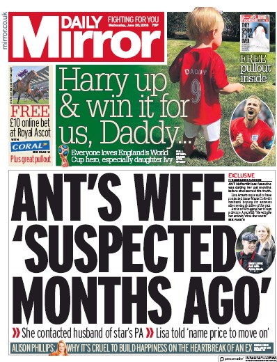 Daily Mirror Newspaper Front Page (UK) for 20 June 2018