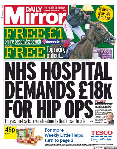 Daily Mirror Newspaper Front Page (UK) for 20 June 2019