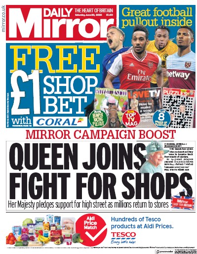 Daily Mirror Newspaper Front Page (UK) for 20 June 2020